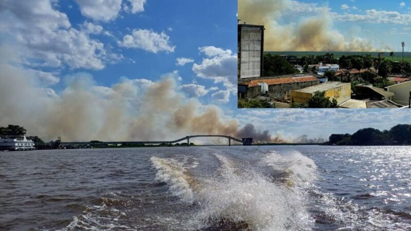 Incêndio em vegetação verde queima desde sábado e deixa Corumbá cinza