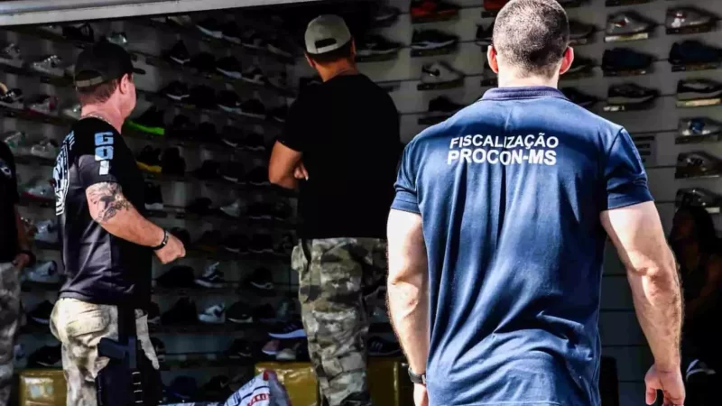 Batida da polícia fecha lojas de tênis falsificados e 4 são levados para a delegacia em Campo Grande